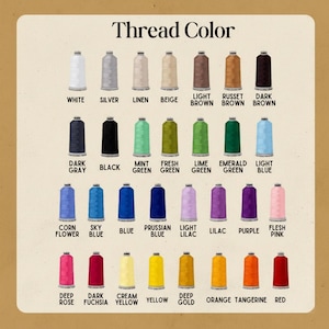 May include: A color chart titled "Thread Color" displays a variety of thread colors. The chart includes colors such as white, silver, beige, brown, black, green, blue, purple, pink, yellow, orange, and red. Each color is labeled with its name.