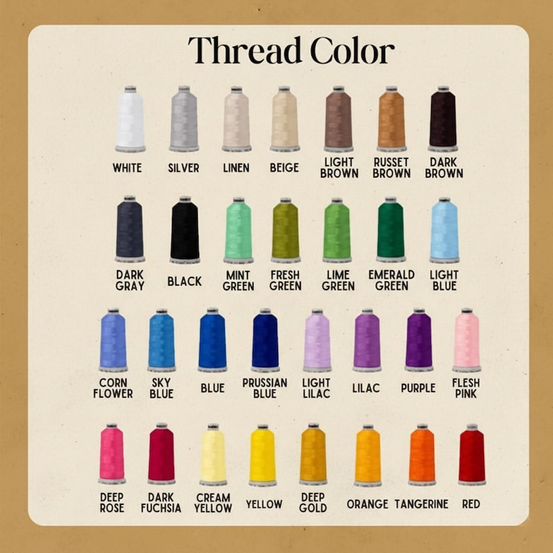 May include: A color chart titled "Thread Color" displays a variety of thread colors. The chart includes colors such as white, silver, beige, brown, black, green, blue, purple, pink, yellow, orange, and red. Each color is labeled with its name.