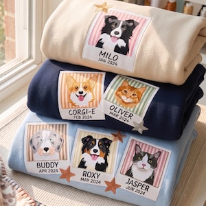 Personalized Pet Portrait Striped Applique Sweatshirt, Custom Dog Cat Embroidered Sweatshirt, Polaroid Pet Photo Shirt, Pet Lover Gift