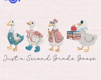 First Day of School Goose Embroidery File, Preppy Coquette Floral Stitch Design for Teachers and Students, Instant Download