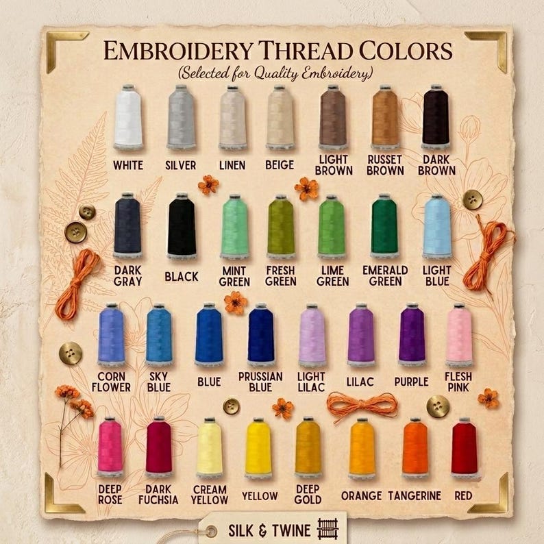May include: A color chart displaying twenty-eight spools of embroidery thread arranged in four rows. Each spool is labeled with its color name, including white, silver, linen, beige, brown shades, greens, blues, purples, pinks, yellows, and reds.