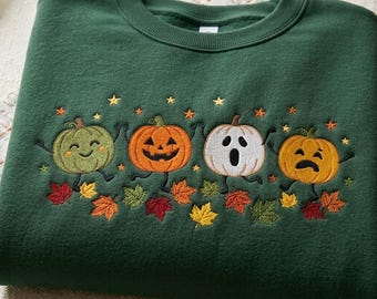 Cute Fall Pumpkin Embroidered Sweatshirt, Funny Characters Doodle Crewneck, Spooky Season Cute Pumpkin Coffee Shirt, Funny Fall Shirt