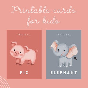 Druckbare Karten für Kinder. Tiere. 30 Karten im A6-Format. Doppelseitige Karten. Tierkarten für Kinder.