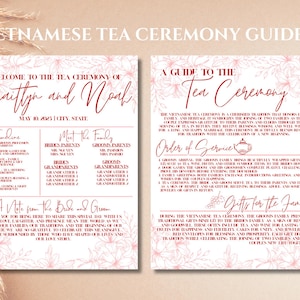 Könnte beinhalten: Ein vietnamesischer Teezeremonie-Leitfaden mit floralem Design. Der Leitfaden enthält die Begrüßung, den Zeitplan, Familienvorstellungen, die Reihenfolge des Gottesdienstes und Geschenke für die Familie. Die Namen "Caitlyn und Noah" sind enthalten.