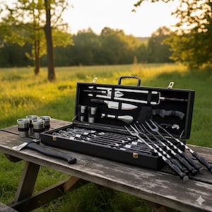 Puede incluir: Un juego de herramientas de barbacoa negro con utensilios de acero inoxidable, que incluye cuchillos, tenedores y espátulas, exhibido en un estuche abierto. También incluye un hacha pequeña y tazas de metal.