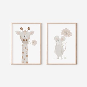 2er Posterset A4 & A3 | Giraffe u. Maus mit Blume | Kinderposter Poster Kinderzimmer Tierposter Babyzimmer