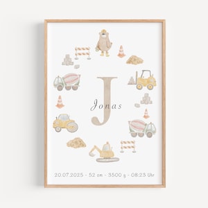 Poster A4 & A3 | Baustelle Namensposter personalisiert Wandbild Geburtsposter Geburtstafel Name Kinder Boho Taufgeschenk ohne Rahmen