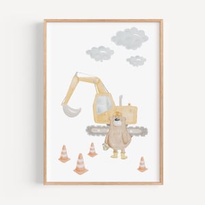 Poster A4 & A3 | Bagger mit Bär | Kinderposter Poster Kinderzimmer Babyzimmer Baustelle Fahrzeug
