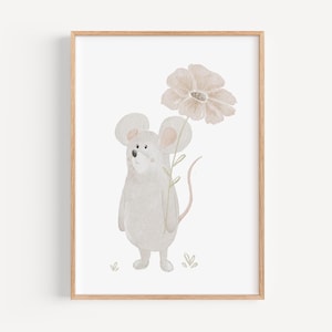 Poster A4 & A3 | Maus mit Blume | Kinderposter Poster Kinderzimmer Babyzimmer Tierposter