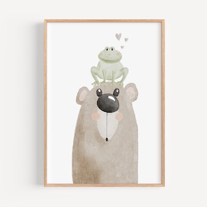 Poster A4 & A3 | Bär mit Frosch | Kinderposter Poster Kinderzimmer Babyzimmer Tierposter