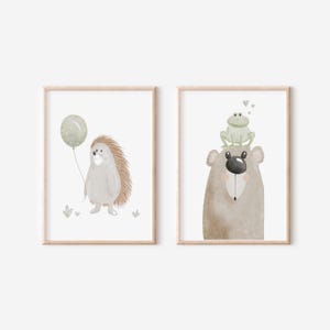 2er Posterset A4 & A3 | Bär mit Frosch u. Igel mit Ballon | Kinderposter Poster Kinderzimmer Tierposter Babyzimmer
