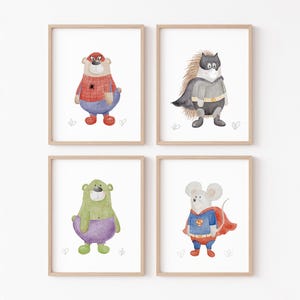 Lote de 4 carteles A4 y A3 | Superhéroe erizo | Pósters infantiles, pósters para habitaciones infantiles, habitaciones de bebés, pósters de animales.