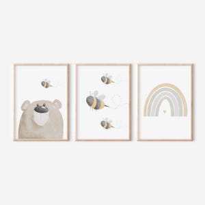 Lote de 3 carteles A4 y A3 | Oso con abejas y arcoiris amarillo y familia de abejas | Pósters infantiles, pósters para habitaciones infantiles, pósters de animales, primavera.
