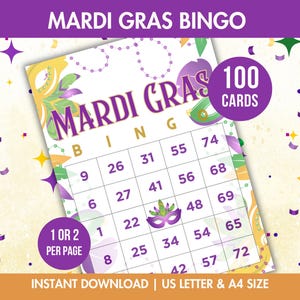 100 Mardi Gras Bingo Cards, Printable Mardi Gras Bingo, Mardi Gras Activity, Mardi Gras Party Game, Mardi Gras Number Bingo, A4, US Letter