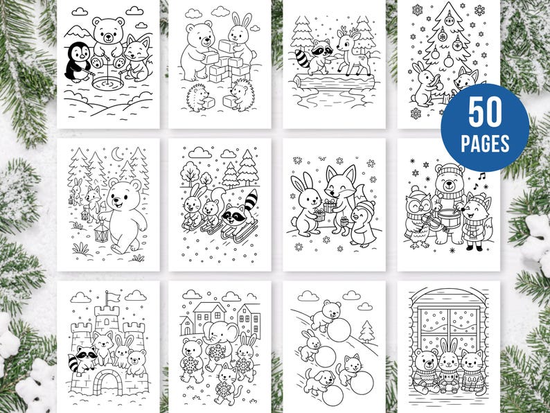 Pu&ograve; includere: Una raccolta di 50 pagine da colorare in bianco e nero con illustrazioni a tema invernale e natalizio. Le immagini raffigurano vari animali, tra cui orsi, conigli e volpi, in scene festive. Le pagine sono progettate per essere colorate.