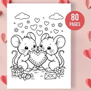 May include: Black and white illustration of two mice holding a heart, with hearts, clouds, and flowers. A gift, candies, and an envelope are also shown. The image has a red circle with the text "80 PAGES".