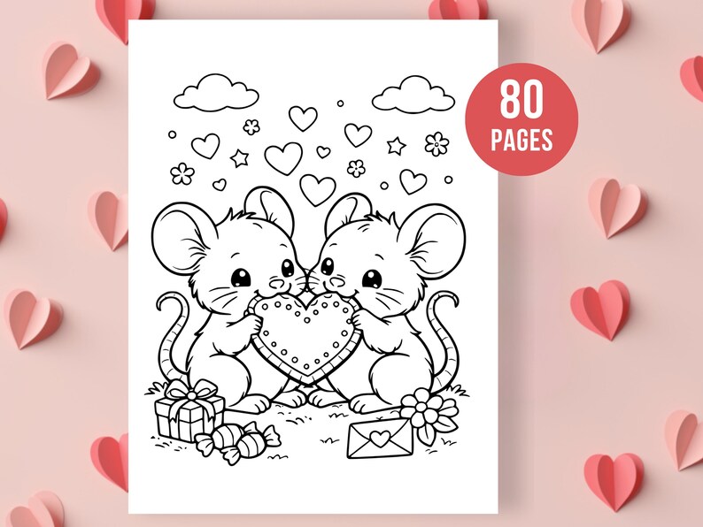 May include: Black and white illustration of two mice holding a heart, with hearts, clouds, and flowers. A gift, candies, and an envelope are also shown. The image has a red circle with the text "80 PAGES".
