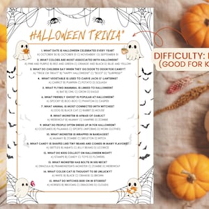 May include: Halloween Trivia game sheet with questions about the holiday, featuring a ghost and spiderweb design. The difficulty level is marked as "Easy (Good for Kids)". Pumpkins and autumn leaves are in the background.