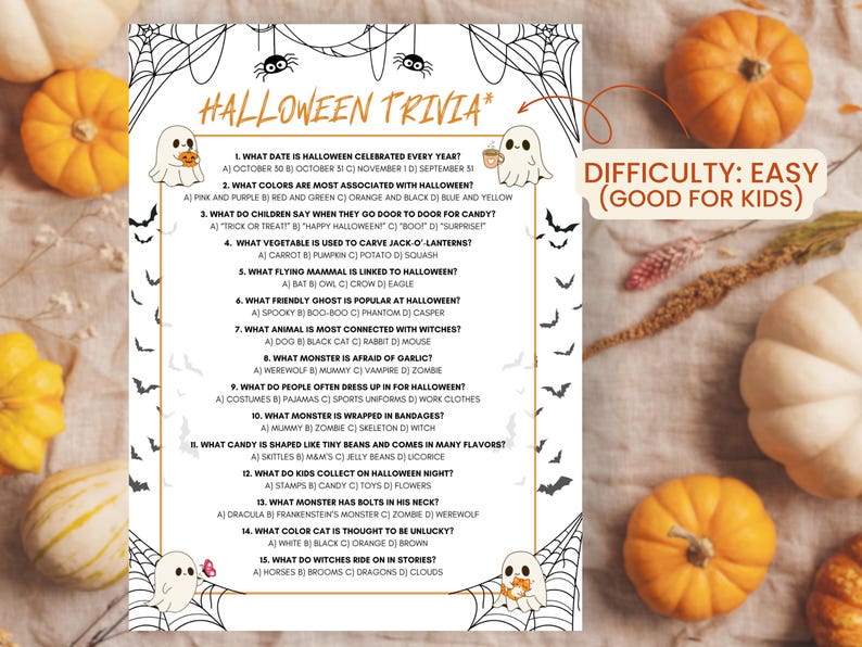 May include: Halloween Trivia game sheet with questions about the holiday, featuring a ghost and spiderweb design. The difficulty level is marked as "Easy (Good for Kids)". Pumpkins and autumn leaves are in the background.
