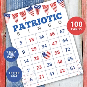 100 tarjetas de bingo patrióticas, juego de bingo patriótico, actividad de bingo del Día de los Caídos, juego de fiesta del 4 de julio, bingo del 4 de julio, juego del 4 de julio