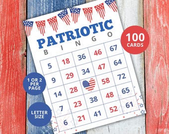 100 cartones de bingo patriótico, juego de bingo patriótico, actividad de bingo para el Día de los Veteranos, juego para el Día de los Veteranos, juego para el Día de los Caídos, juego para el 4 de julio