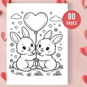 May include: Black and white illustration of two bunnies holding a heart-shaped balloon. The image includes clouds, hearts, and flowers. The text "80 PAGES" is in a red circle. The background is pink with paper hearts.