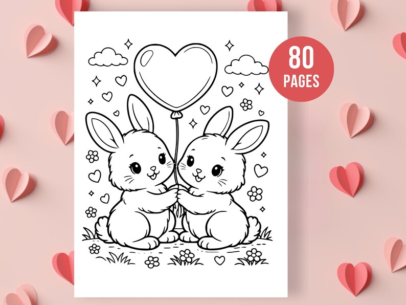 May include: Black and white illustration of two bunnies holding a heart-shaped balloon. The image includes clouds, hearts, and flowers. The text "80 PAGES" is in a red circle. The background is pink with paper hearts.