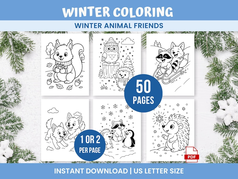 Pu&ograve; includere: Una raccolta di pagine da colorare a tema invernale con vari animali, tra cui uno scoiattolo, un gufo, un procione, una volpe, un riccio e un pinguino. Il set include 50 pagine con l'opzione di 1 o 2 immagini per pagina. Le parole "Winter Coloring" e "Winter Animal Friends" sono visualizzate in alto.