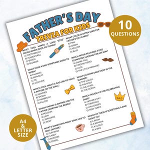 Juego de trivia del Día del Padre, Cuestionario imprimible para niños, Preguntas de trivia del Día del Padre, Trivia para niños, Actividad del Día del Padre, A4, Carta de EE. UU.