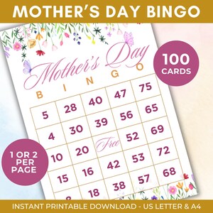 100 cartes de bingo pour la fête des mères, bingo avec chiffres imprimables pour la fête des mères, activité fête des mères, jeu de fête pour la fête des mères, A4, lettre US