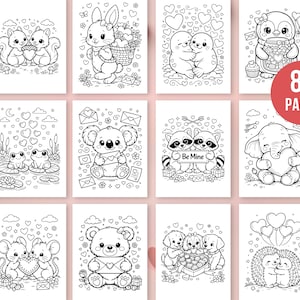 May include: A collection of 80-page coloring book pages featuring various adorable animals, including squirrels, bunnies, seals, penguins, koalas, raccoons, elephants, mice, bears, puppies, and hedgehogs, all in a black and white line art style.