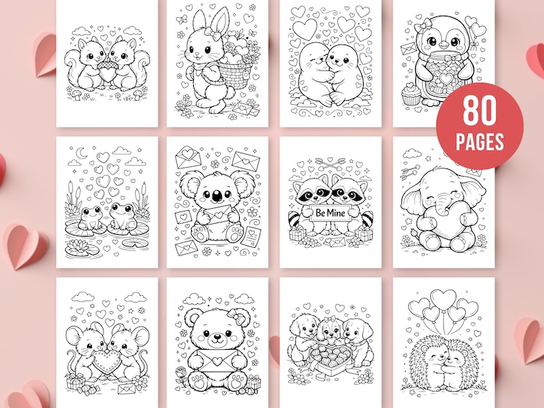 May include: A collection of 80-page coloring book pages featuring various adorable animals, including squirrels, bunnies, seals, penguins, koalas, raccoons, elephants, mice, bears, puppies, and hedgehogs, all in a black and white line art style.