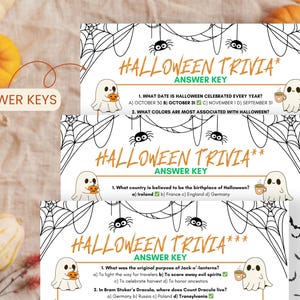 May include: Halloween trivia answer keys with a spooky theme. The design features spiderwebs, ghosts holding pumpkins, and trivia questions. The text reads "Halloween Trivia" and includes multiple choice questions.