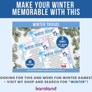 Pu&ograve; includere: Gioco di trivia invernale stampabile con un design blu e bianco. Il gioco include 45 domande e 3 giochi di difficolt&agrave; variabile. L'immagine presenta anche il testo "Rendi memorabile il tuo inverno con questo."