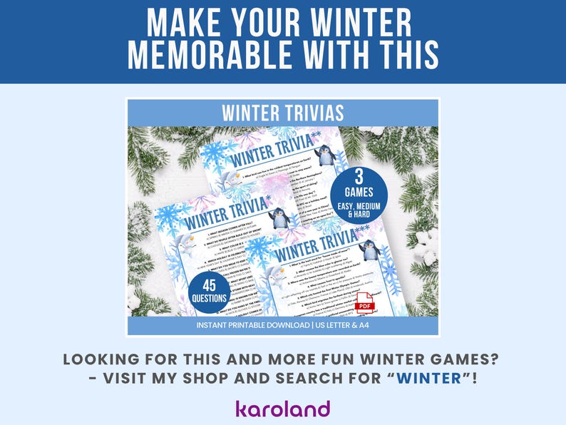 Pu&ograve; includere: Gioco di trivia invernale stampabile con un design blu e bianco. Il gioco include 45 domande e 3 giochi di difficolt&agrave; variabile. L'immagine presenta anche il testo "Rendi memorabile il tuo inverno con questo."