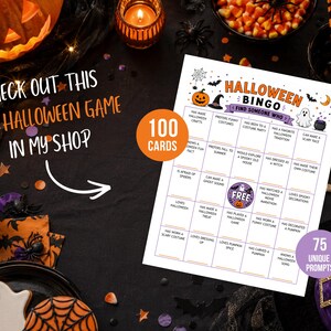 May include: A white Halloween Bingo game card featuring a grid with orange and black text, including a central purple free space. The card displays various holiday-themed prompts, illustrations of pumpkins, ghosts, and bats, and two circular badges indicating 100 cards and 75 unique prompts.