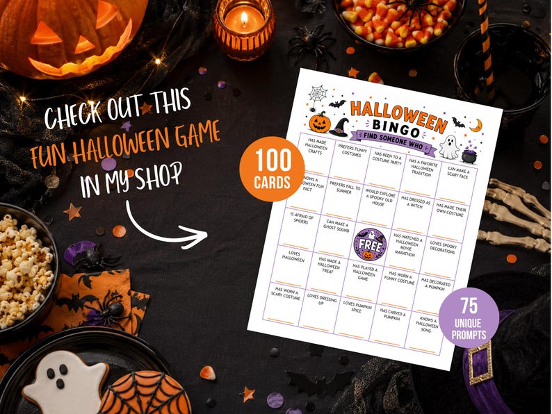 May include: A white Halloween Bingo game card featuring a grid with orange and black text, including a central purple free space. The card displays various holiday-themed prompts, illustrations of pumpkins, ghosts, and bats, and two circular badges indicating 100 cards and 75 unique prompts.