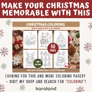 Pu&ograve; includere: Un libro da colorare natalizio con la scritta "MAKE YOUR CHRISTMAS MEMORABLE WITH THIS". Il libro presenta 50 pagine da colorare facili e audaci con immagini di una casa, uno scoiattolo, un albero di Natale, una renna, ornamenti e un coniglio.