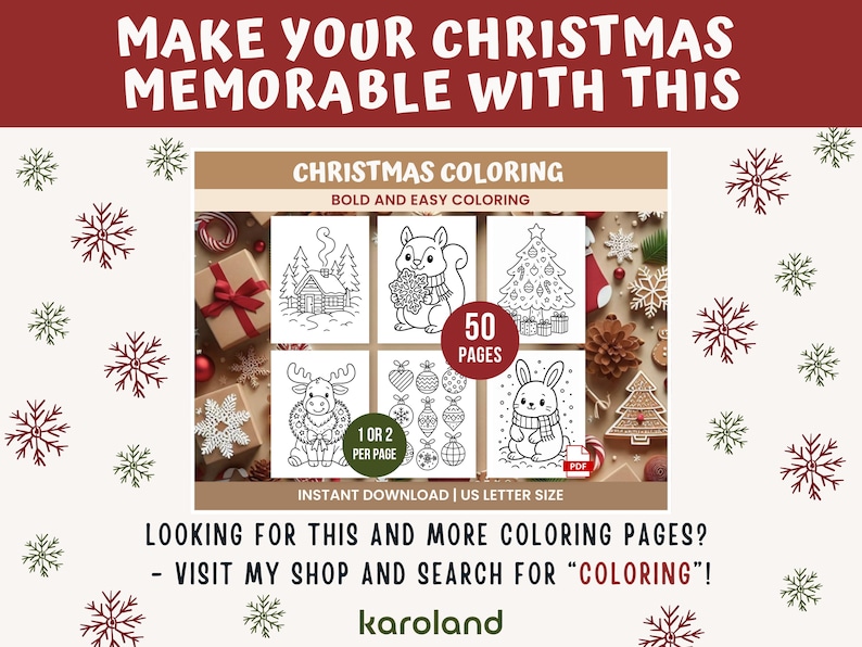 Pu&ograve; includere: Un libro da colorare natalizio con la scritta "MAKE YOUR CHRISTMAS MEMORABLE WITH THIS". Il libro presenta 50 pagine da colorare facili e audaci con immagini di una casa, uno scoiattolo, un albero di Natale, una renna, ornamenti e un coniglio.
