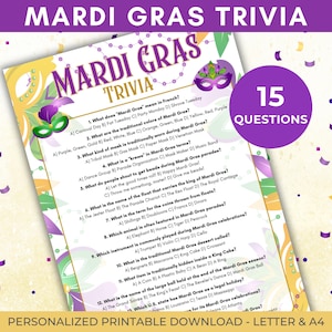 Mardi Gras Trivia Game, Printable Kids Adult Mardi Gras Quiz, Mardi Gras Party Game, Fat Tuesday Party Game, Pub Trivia, A4, US letter