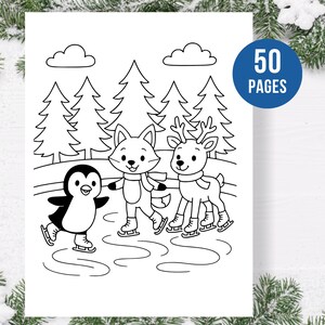 Pu&ograve; includere: Illustrazione in bianco e nero di un pinguino, una volpe e una renna che pattinano sul ghiaccio. La volpe e la renna si tengono per mano. L'immagine ha un tema invernale con pini e nuvole sullo sfondo. Il testo "50 PAGES" &egrave; in un cerchio blu.