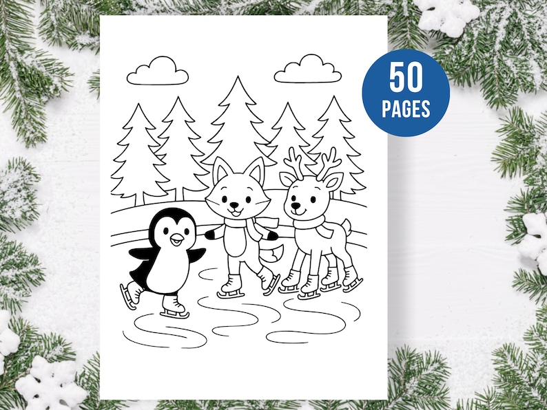 Pu&ograve; includere: Illustrazione in bianco e nero di un pinguino, una volpe e una renna che pattinano sul ghiaccio. La volpe e la renna si tengono per mano. L'immagine ha un tema invernale con pini e nuvole sullo sfondo. Il testo "50 PAGES" &egrave; in un cerchio blu.