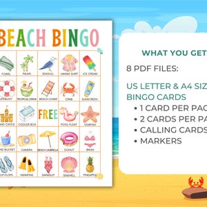 May include: A colorful "Beach Bingo" game board with beach-themed illustrations, including a towel, palm trees, and ice cream. The text "Beach Bingo" is at the top. Includes 8 PDF files with bingo cards, calling cards, and markers.