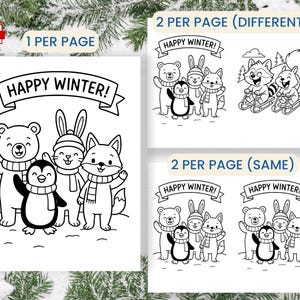Pu&ograve; includere: Pagine da colorare a tema invernale in bianco e nero. Le pagine presentano un orso, un coniglio, una volpe e un pinguino con sciarpe, che salutano sotto uno striscione con la scritta "Happy Winter!". Pagine aggiuntive mostrano gli stessi personaggi che vanno in slitta.