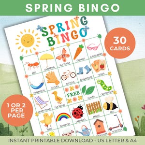 30 tarjetas de bingo de primavera, bingo de primavera imprimible, actividad de primavera, juego de fiesta de primavera para niños, actividad de aula de primavera, juego de primavera, tamaño A4, carta de EE. UU.