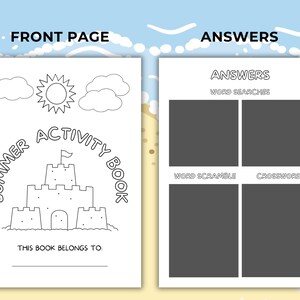 May include: A black and white summer activity book with a sandcastle illustration, sun, and clouds. The front page reads "Summer Activity Book" and "This book belongs to:". The right page has "Answers" and word search, word scramble, and crossword sections.