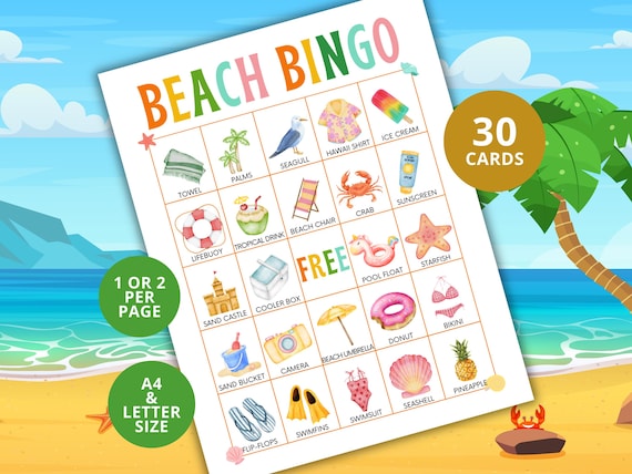 30 Beach Bingo Cards, Printable Summer Bingo, Summer Game, Summertime Activity, Summer Activity for Kids, Vacation Bingo A4, Letter