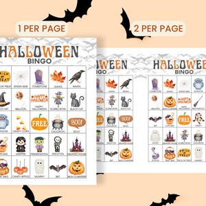 May include: Two printable Halloween bingo game sheets featuring a grid of colorful watercolor illustrations including a witch hat, black cat, pumpkin, ghost, and mummy. The text Halloween Bingo is printed at the top of each sheet with 1 per page and 2 per page labels.