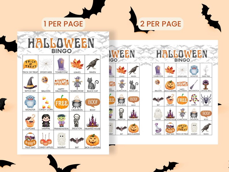 May include: Two printable Halloween bingo game sheets featuring a grid of colorful watercolor illustrations including a witch hat, black cat, pumpkin, ghost, and mummy. The text Halloween Bingo is printed at the top of each sheet with 1 per page and 2 per page labels.