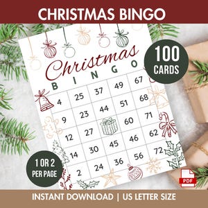 Puede incluir: Una tarjeta de juego de Bingo de Navidad con un diseño festivo. La tarjeta presenta una cuadrícula con números e ilustraciones temáticas navideñas. El texto "Christmas Bingo" se muestra en la parte superior. Incluye 100 tarjetas y es tamaño carta estadounidense.